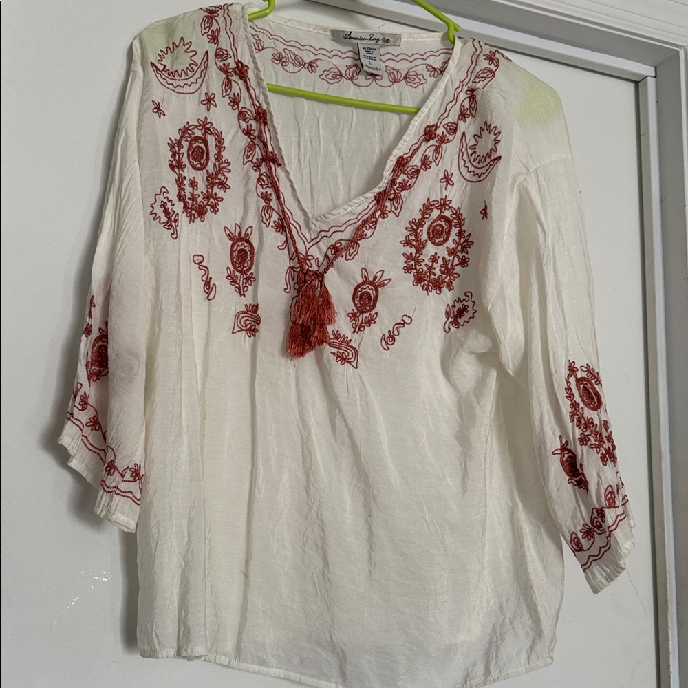 American Rag White Blouse with Red Embroidery